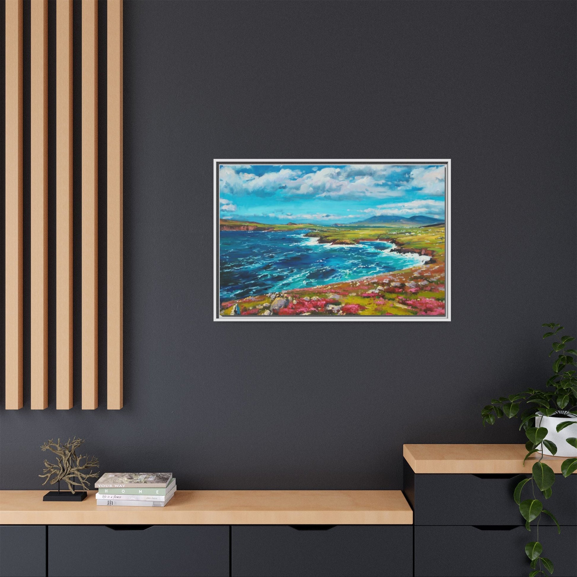 Dingle Peninsula wall art featuring a scenic view of Ireland's rugged coastline, printed on high-quality canvas with a premium frame.