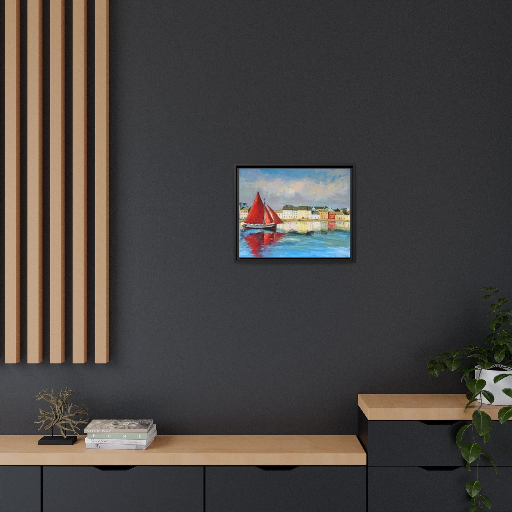 Galway Hooker Leaving Port wall art featuring a Galway Hooker boat sailing in a coastal scene, printed on high-quality canvas with a premium frame.