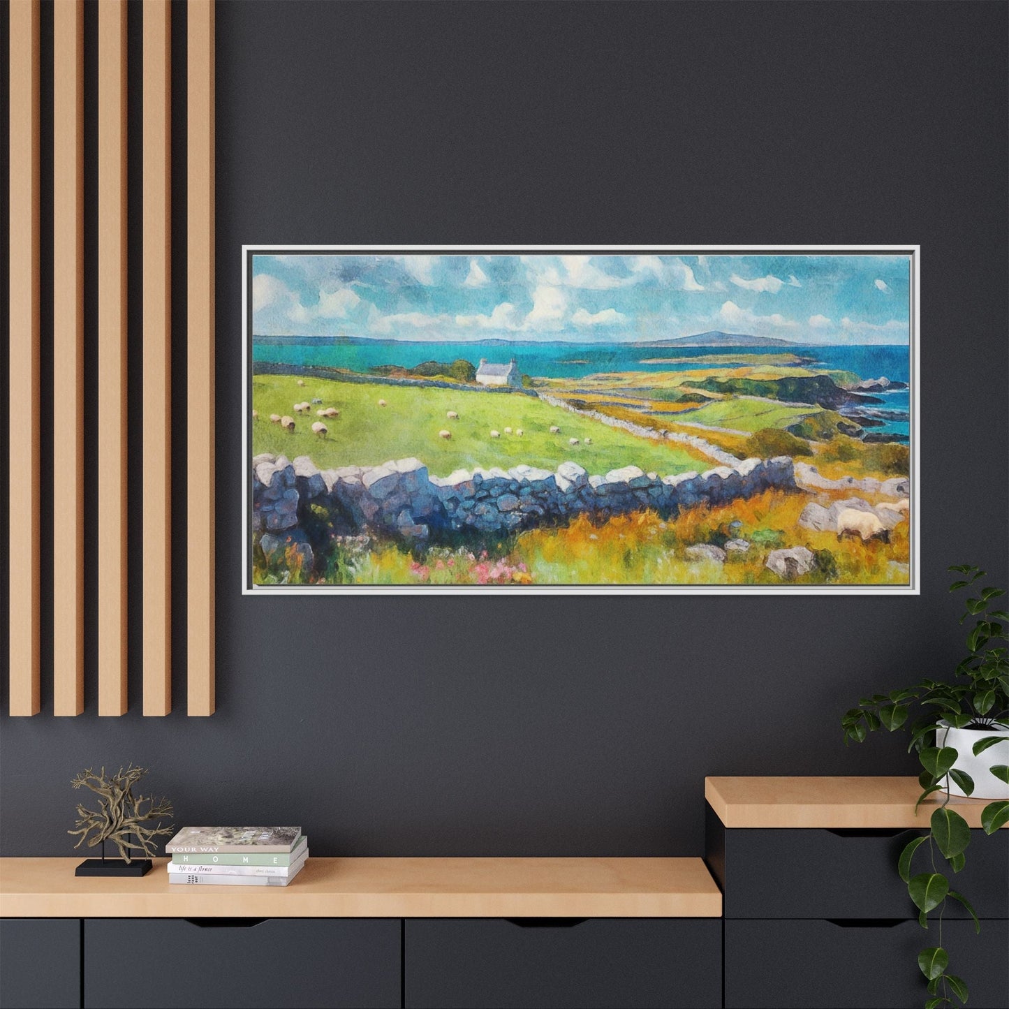 Far Flung Shores W.COL wall art featuring a serene coastal landscape, printed on high-quality canvas with a premium pinewood frame.