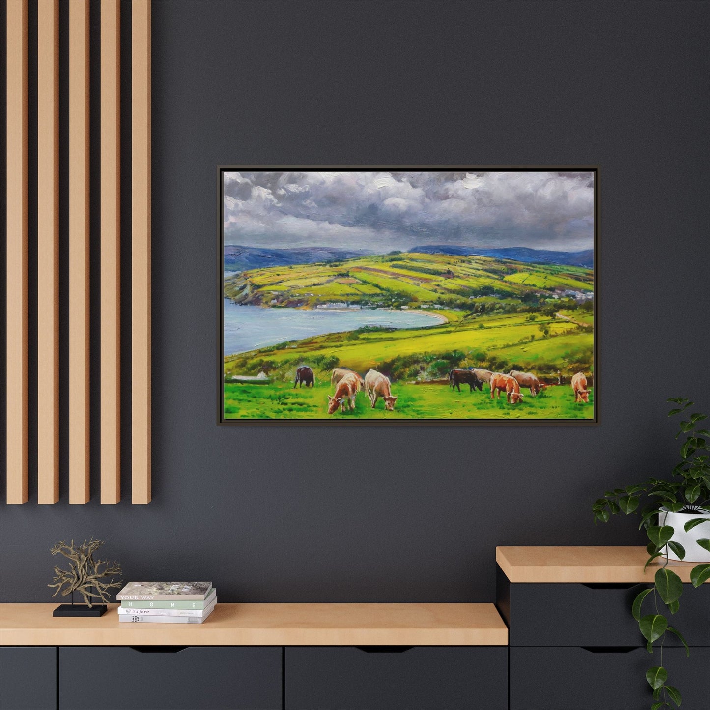 Cushendon Hills wall art showcasing rolling hills and scenic Irish landscapes, framed in high-quality materials for an elegant look.