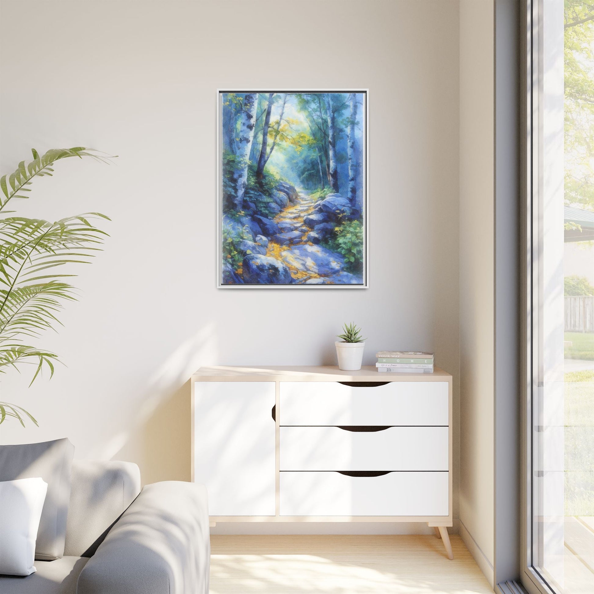 Blue Forest Path II wall art featuring a tranquil forest scene with a serene blue-toned path, printed on high-quality canvas for timeless décor.