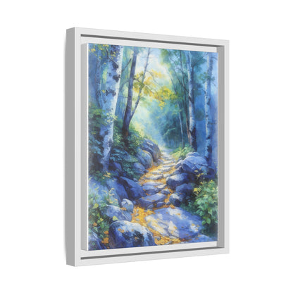 Blue Forest Path II wall art featuring a tranquil forest scene with a serene blue-toned path, printed on high-quality canvas for timeless décor.