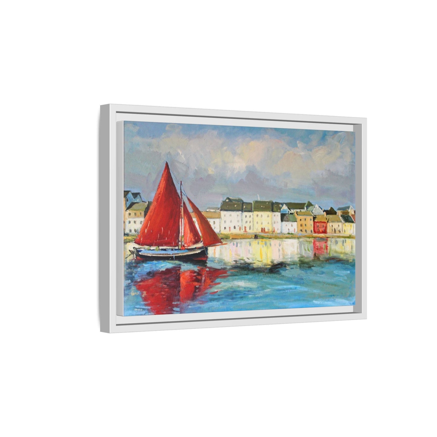 Galway Hooker Leaving Port wall art featuring a Galway Hooker boat sailing in a coastal scene, printed on high-quality canvas with a premium frame.