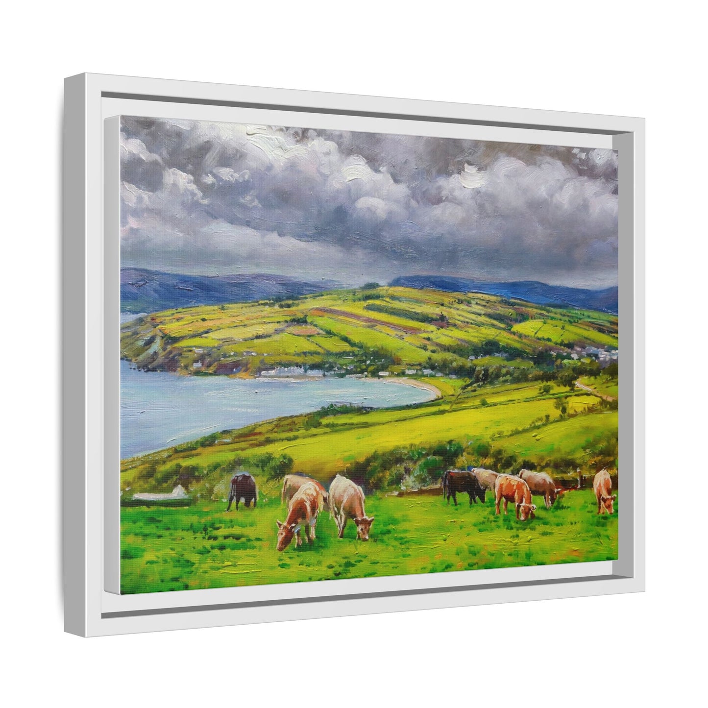 Cushendun Hills wall art showcasing rolling hills and scenic Irish landscapes, framed in high-quality materials for an elegant look.