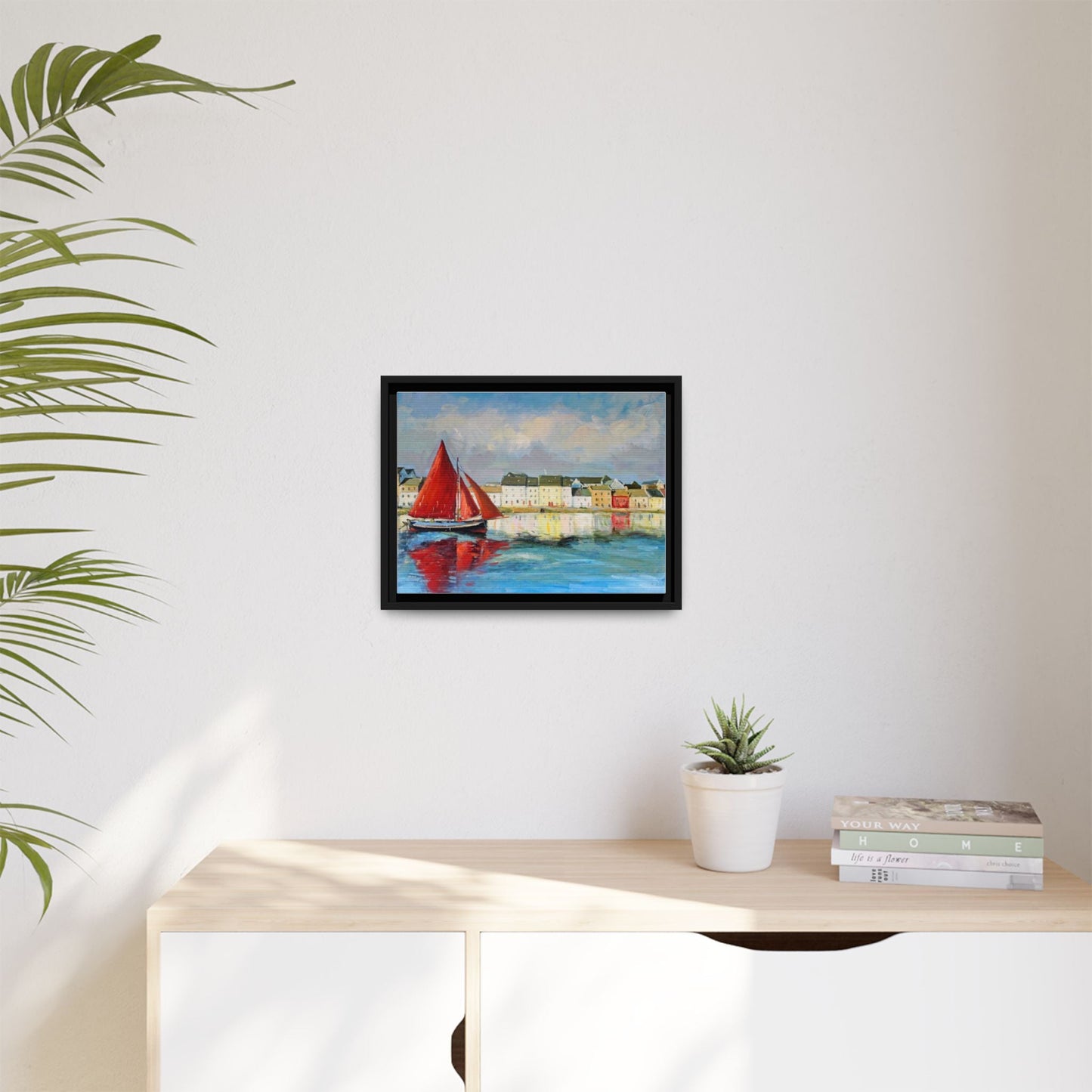 Galway Hooker Leaving Port wall art featuring a Galway Hooker boat sailing in a coastal scene, printed on high-quality canvas with a premium frame.