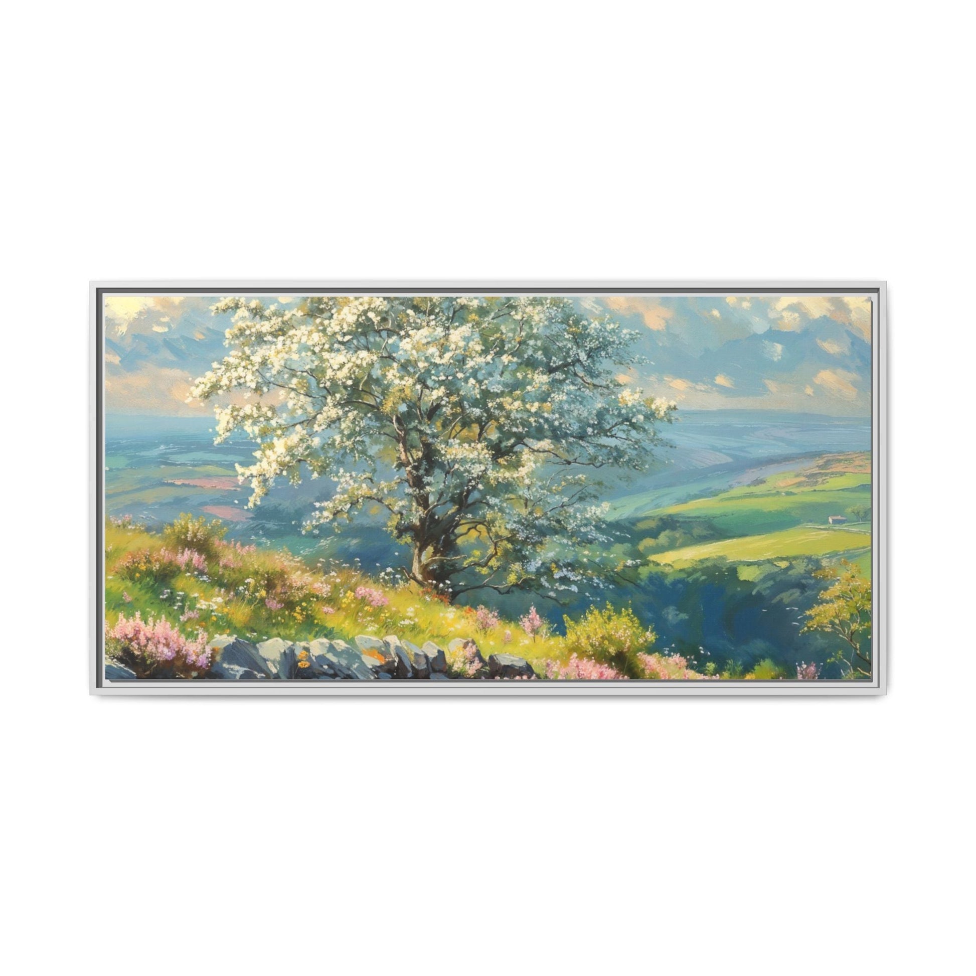 Whitethorn in Bloom wall art featuring a vibrant scene of blooming whitethorn trees, printed on high-quality canvas for a natural and timeless décor.