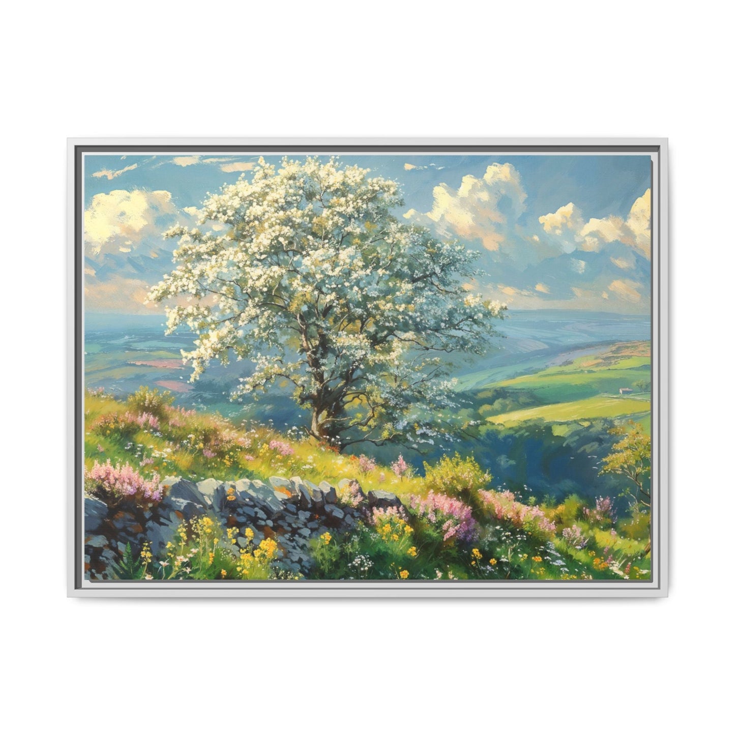 Whitethorn in Bloom wall art featuring a vibrant scene of blooming whitethorn trees, printed on high-quality canvas for a natural and timeless décor.