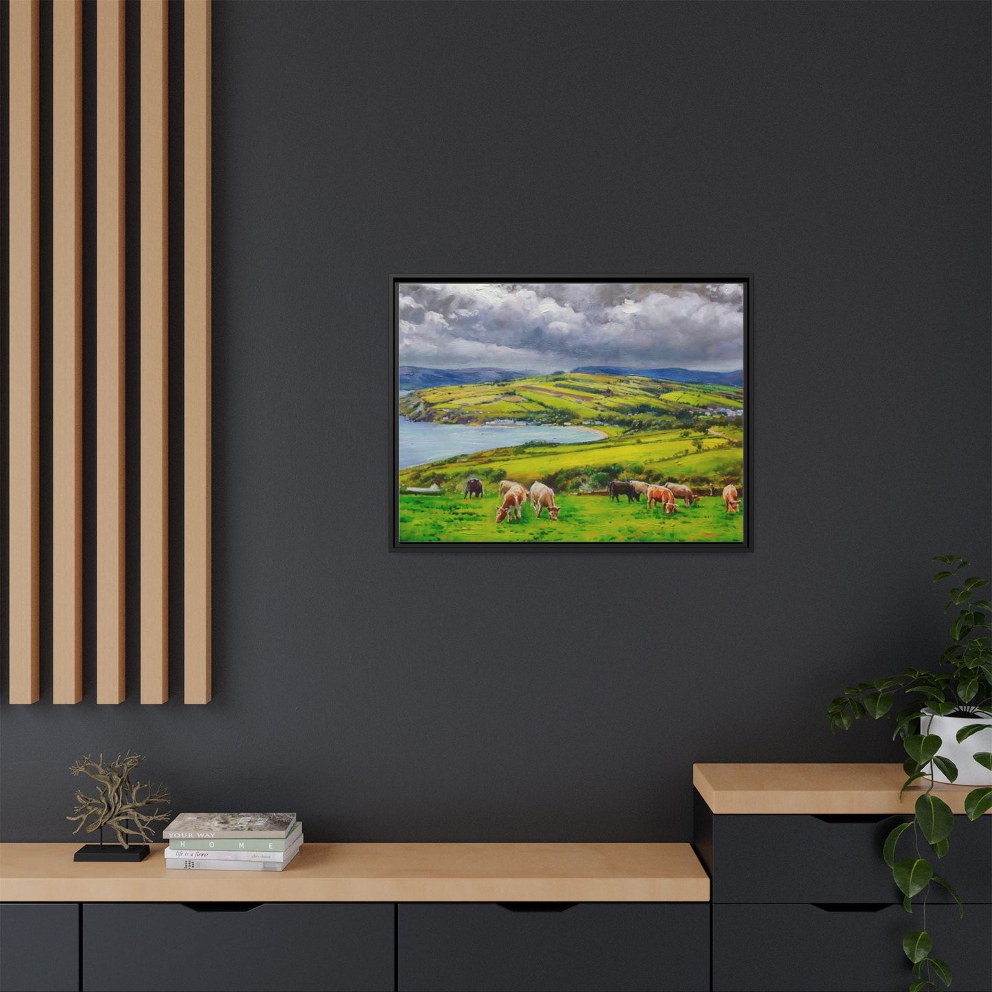 Cushendun Hills wall art showcasing rolling hills and scenic Irish landscapes, framed in high-quality materials for an elegant look.