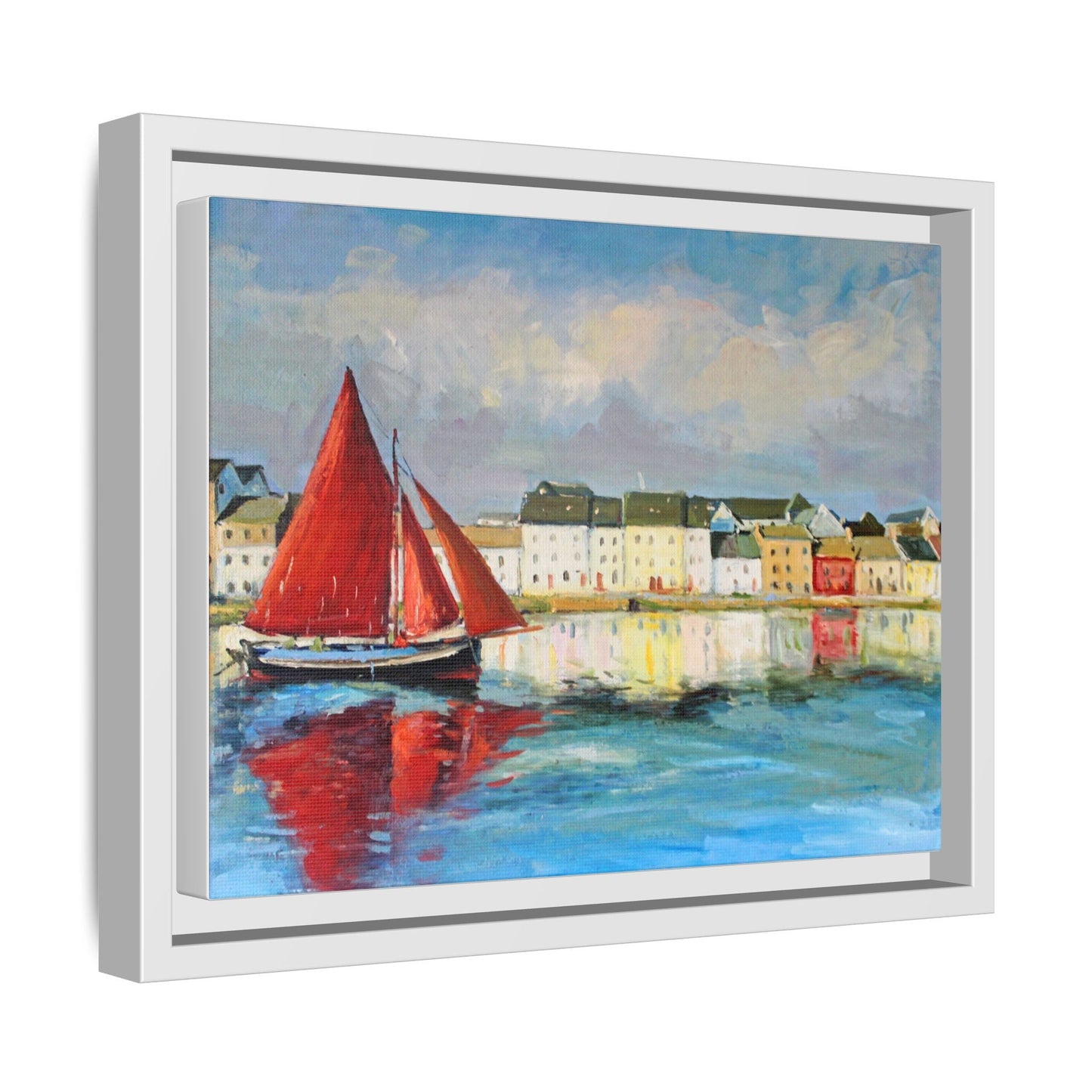 Galway Hooker Leaving Port wall art featuring a Galway Hooker boat sailing in a coastal scene, printed on high-quality canvas with a premium frame.