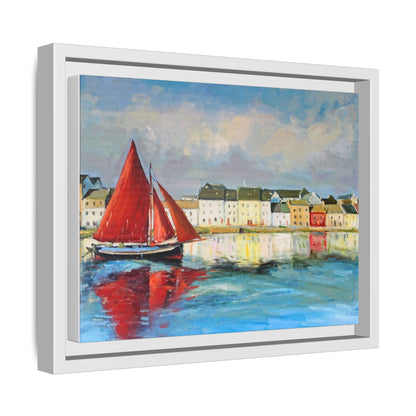 Galway Hooker Leaving Port wall art featuring a Galway Hooker boat sailing in a coastal scene, printed on high-quality canvas with a premium frame.