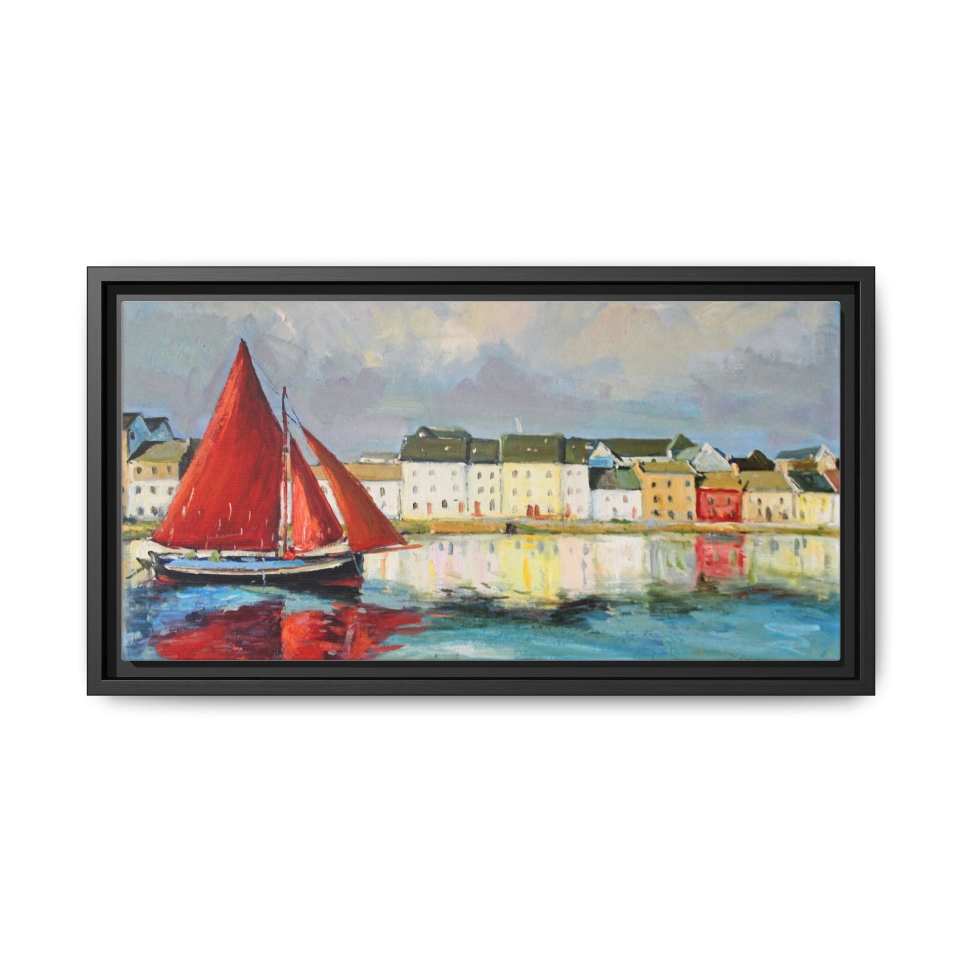 Galway Hooker Leaving Port wall art featuring a Galway Hooker boat sailing in a coastal scene, printed on high-quality canvas with a premium frame.