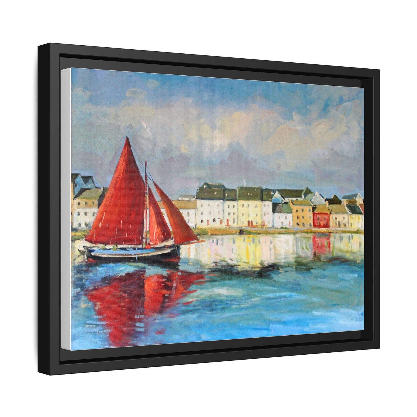 Galway Hooker Leaving Port wall art featuring a Galway Hooker boat sailing in a coastal scene, printed on high-quality canvas with a premium frame.