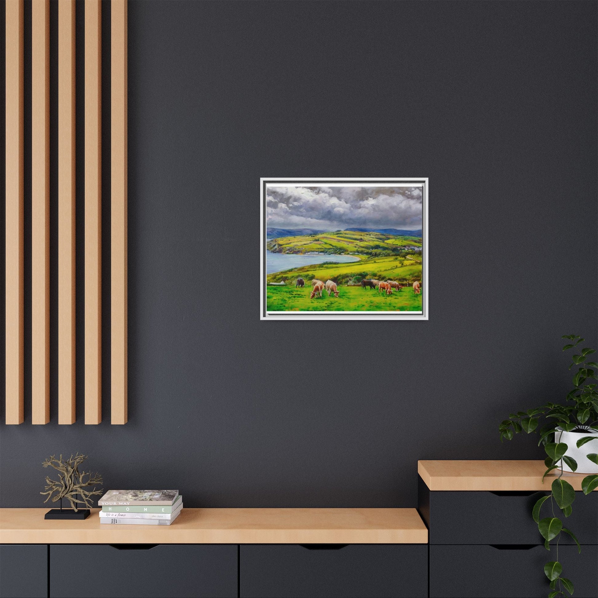 Cushendon Hills wall art showcasing rolling hills and scenic Irish landscapes, framed in high-quality materials for an elegant look.