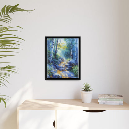 Blue Forest Path II wall art featuring a tranquil forest scene with a serene blue-toned path, printed on high-quality canvas for timeless décor.