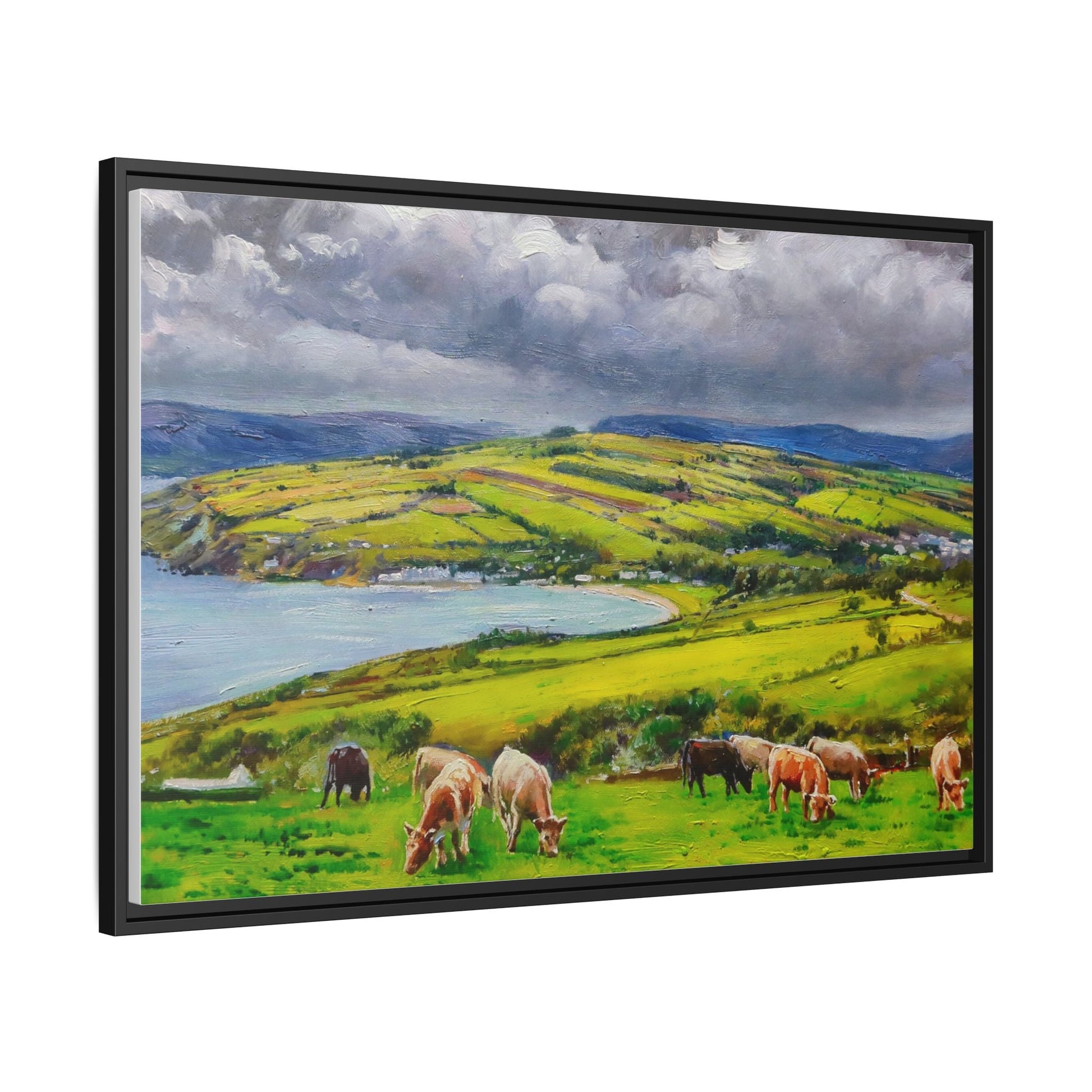 Cushendon Hills wall art showcasing rolling hills and scenic Irish landscapes, framed in high-quality materials for an elegant look.