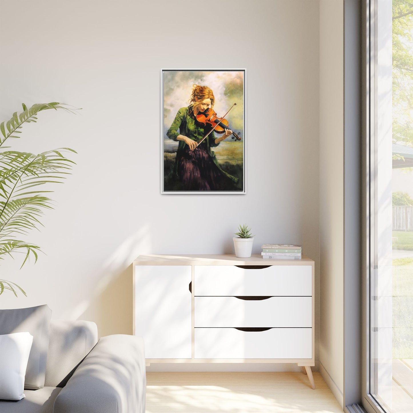 Young Girl with Fiddle wall art featuring a young musician playing the fiddle, printed on high-quality canvas for timeless and elegant décor.