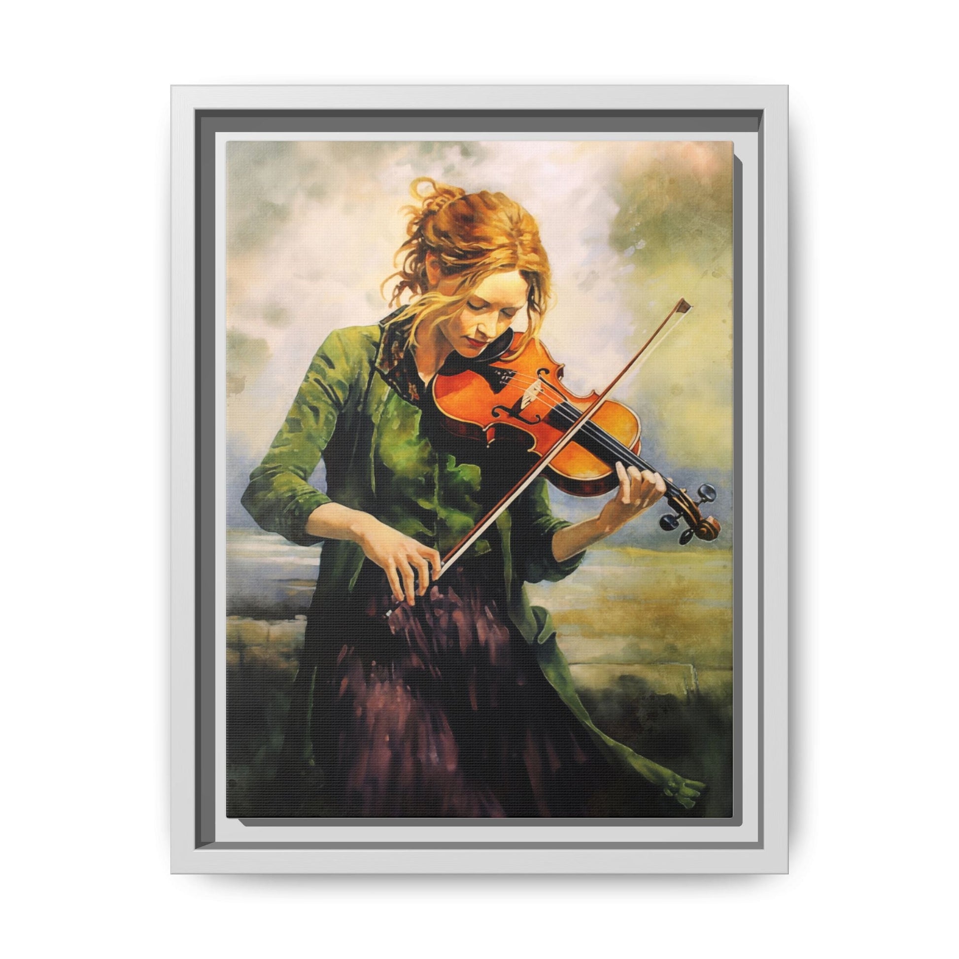 Young Girl with Fiddle wall art featuring a young musician playing the fiddle, printed on high-quality canvas for timeless and elegant décor.