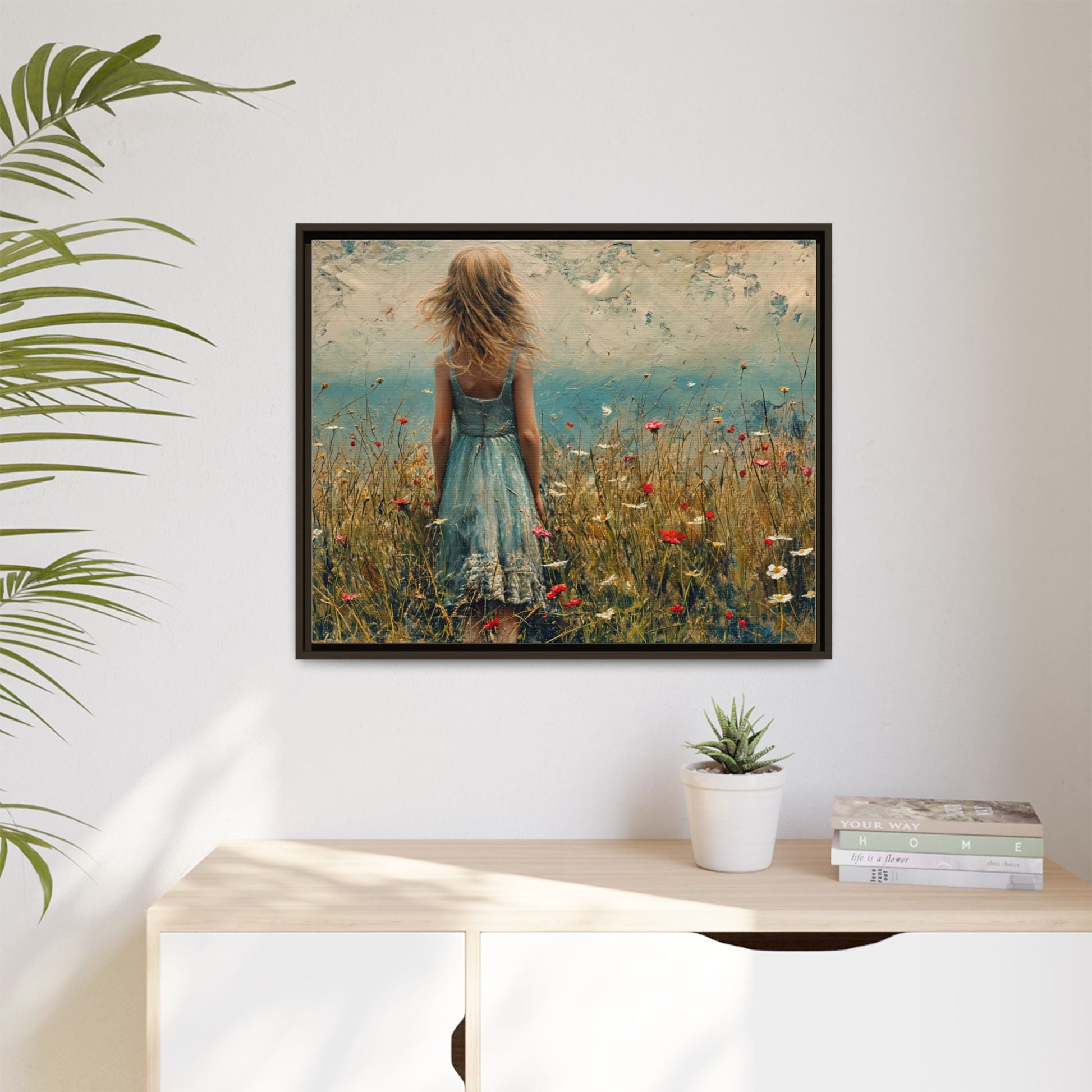 Young Girl Looking Out To Sea wall art, featuring a peaceful ocean view and a young girl in contemplation, printed on high-quality canvas for timeless décor.