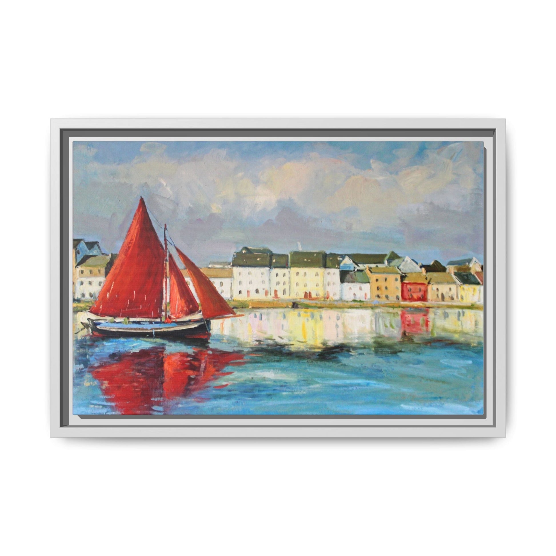 Galway Hooker Leaving Port wall art featuring a Galway Hooker boat sailing in a coastal scene, printed on high-quality canvas with a premium frame.