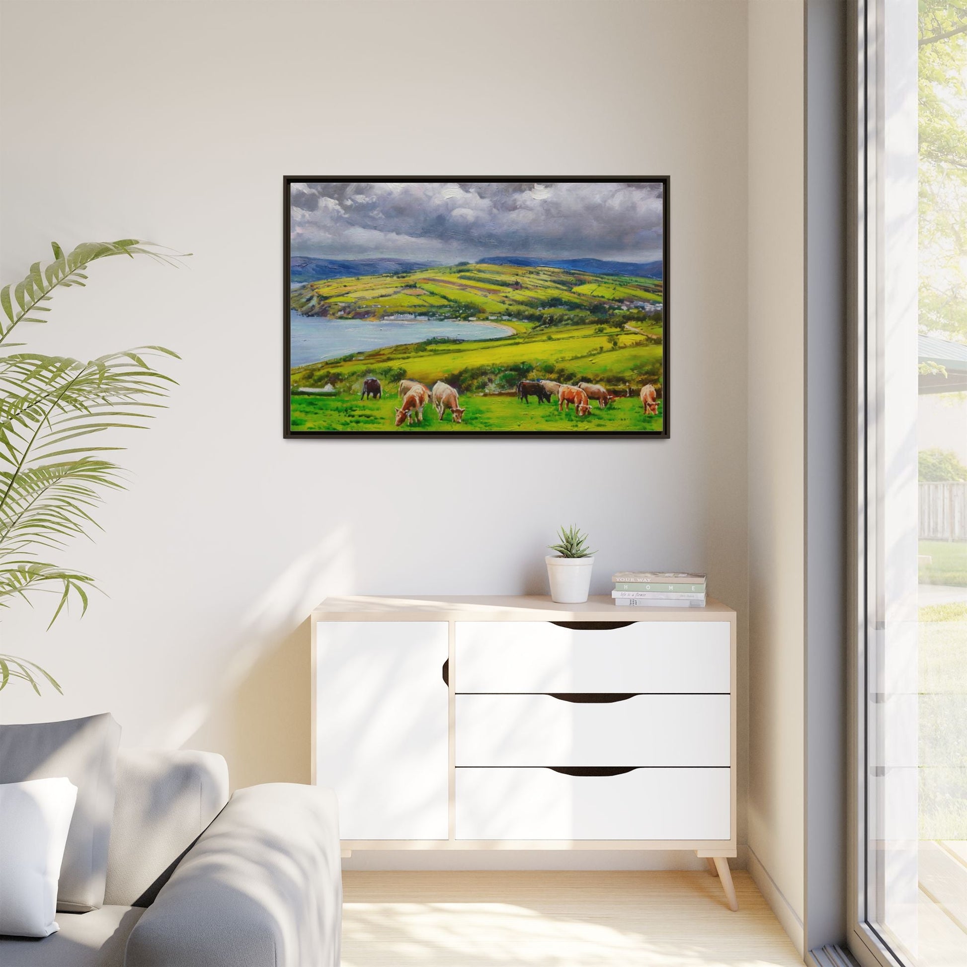 Cushendon Hills wall art showcasing rolling hills and scenic Irish landscapes, framed in high-quality materials for an elegant look.