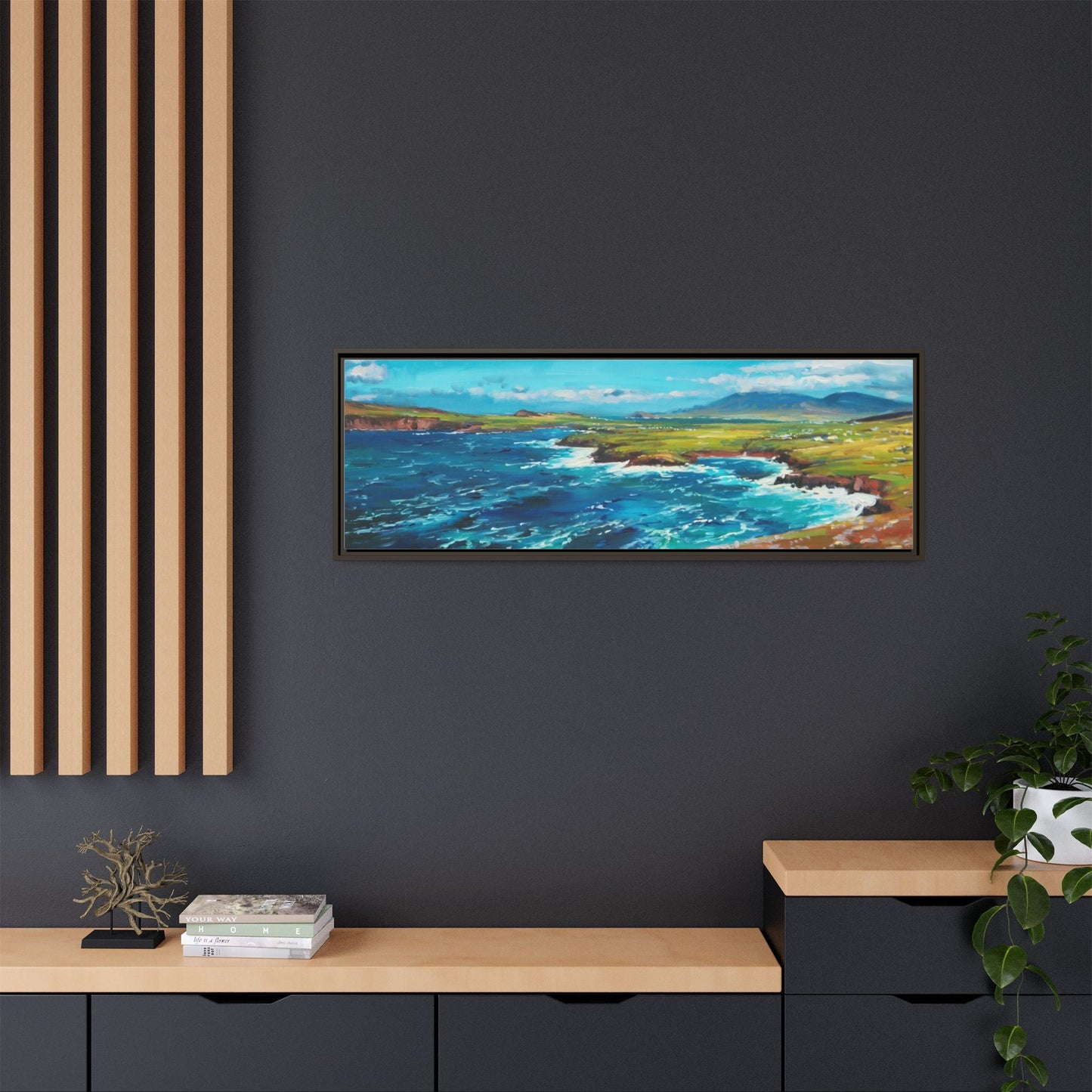 Dingle Peninsula wall art featuring a scenic view of Ireland's rugged coastline, printed on high-quality canvas with a premium frame.