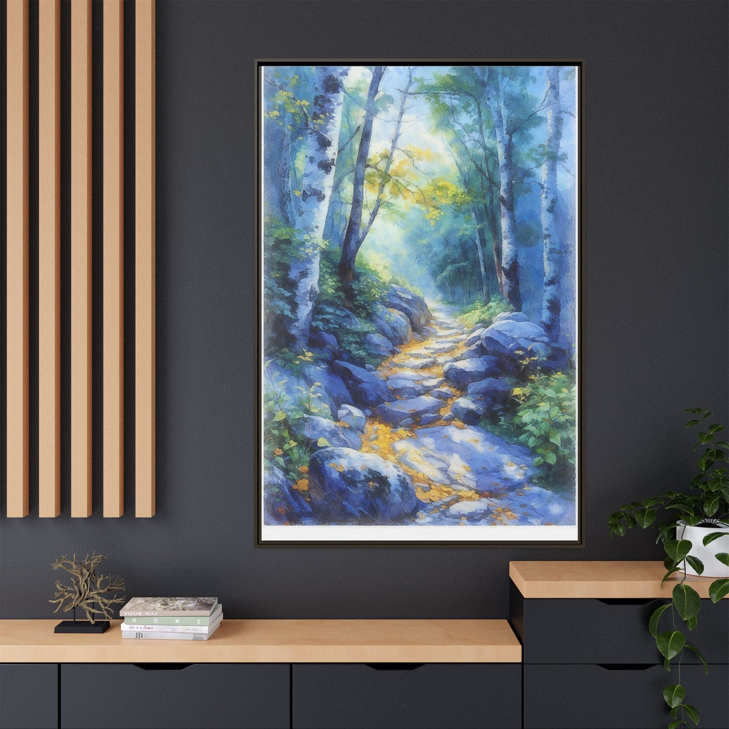 Blue Forest Path II wall art featuring a tranquil forest scene with a serene blue-toned path, printed on high-quality canvas for timeless décor.