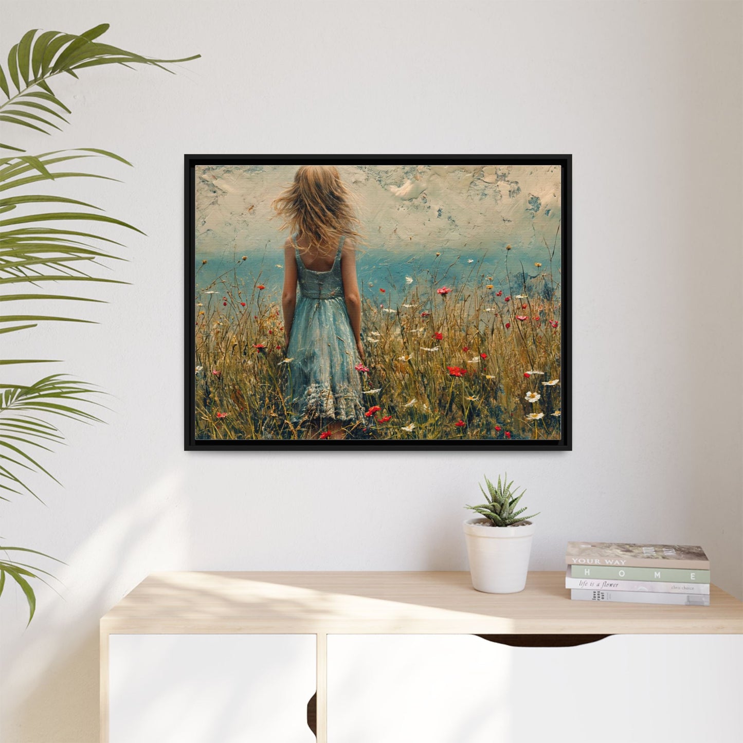 Young Girl Looking Out To Sea wall art, featuring a peaceful ocean view and a young girl in contemplation, printed on high-quality canvas for timeless décor.