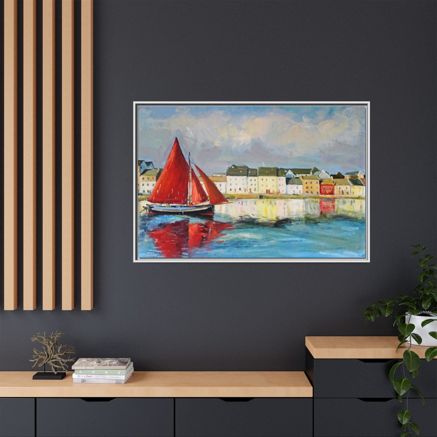 Galway Hooker Leaving Port wall art featuring a Galway Hooker boat sailing in a coastal scene, printed on high-quality canvas with a premium frame.