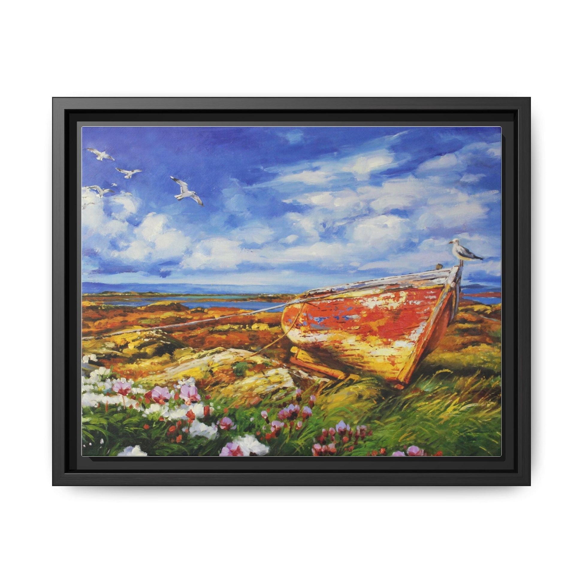 Seagull On Perch Large on a wooden post, gazing over the ocean, framed in premium pinewood for a timeless and elegant décor piece.