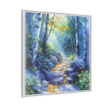 Blue Forest Path II wall art featuring a tranquil forest scene with a serene blue-toned path, printed on high-quality canvas for timeless décor.