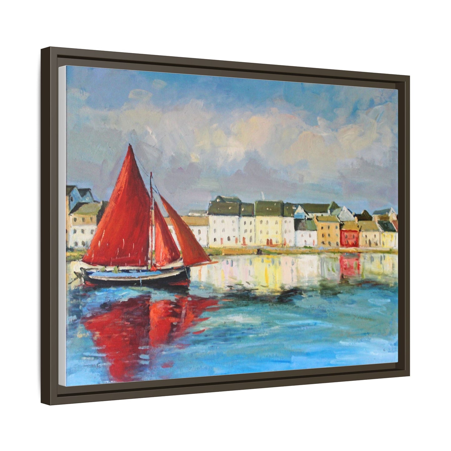 Galway Hooker Leaving Port wall art featuring a Galway Hooker boat sailing in a coastal scene, printed on high-quality canvas with a premium frame.