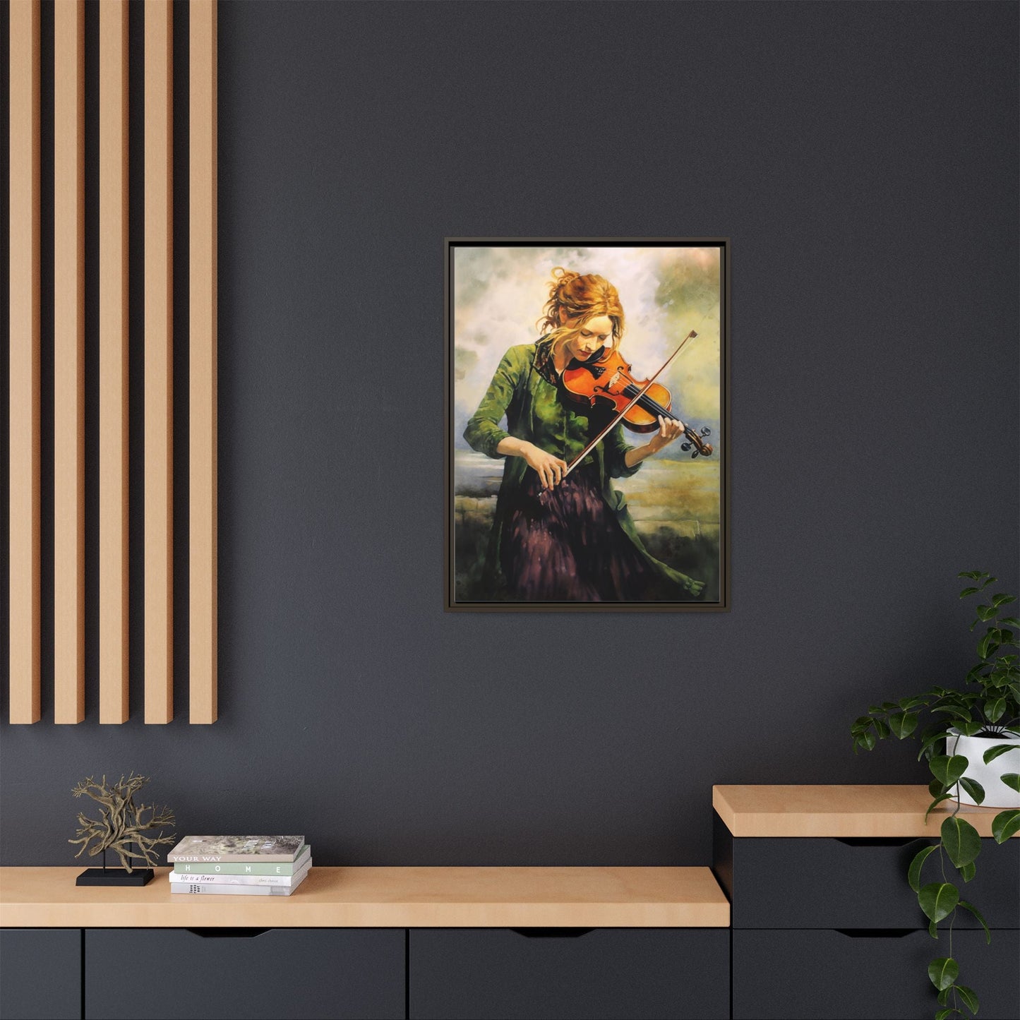 Young Girl with Fiddle wall art featuring a young musician playing the fiddle, printed on high-quality canvas for timeless and elegant décor.