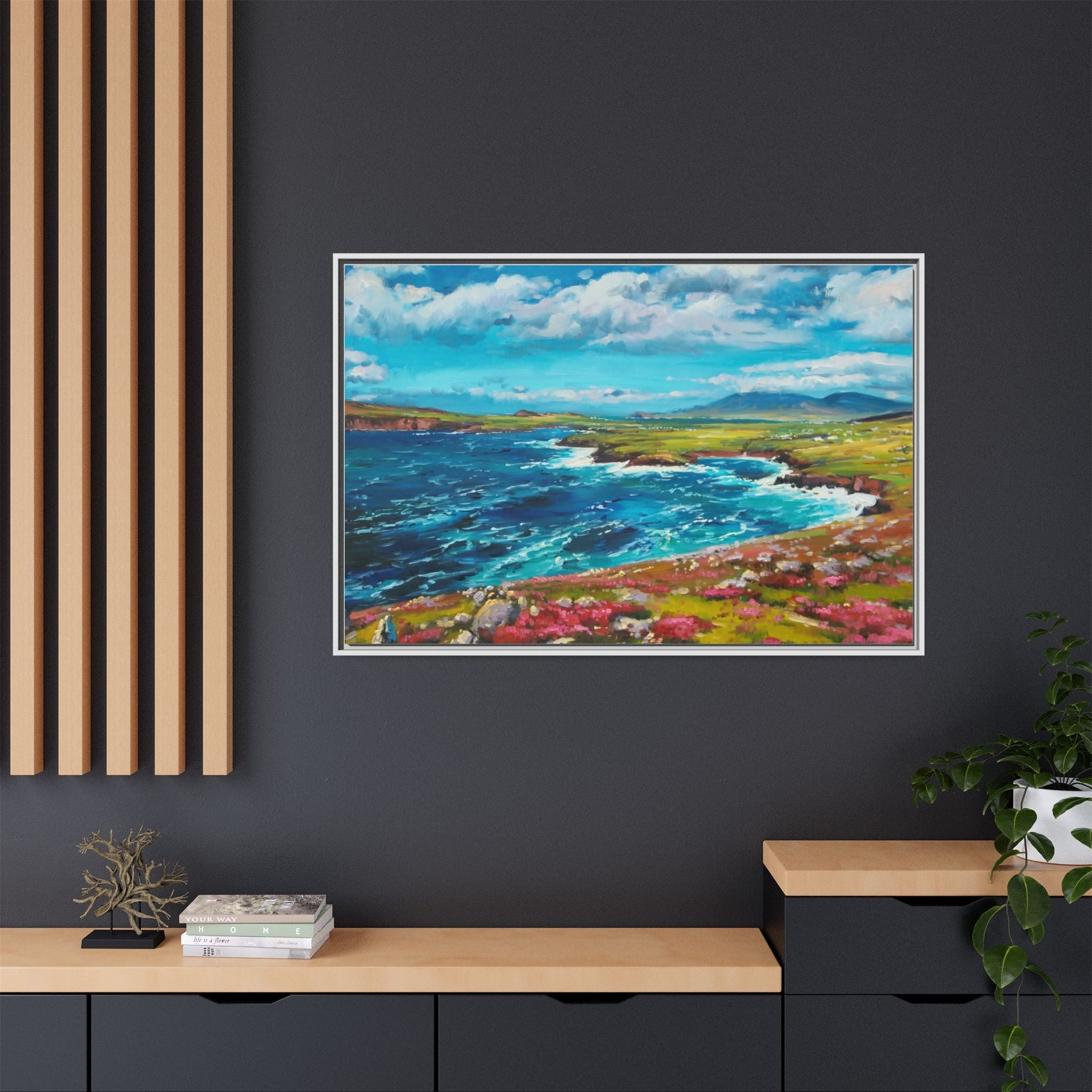 Dingle Peninsula wall art featuring a scenic view of Ireland's rugged coastline, printed on high-quality canvas with a premium frame.