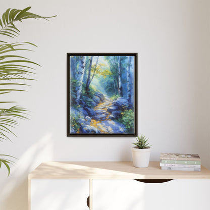 Blue Forest Path II wall art featuring a tranquil forest scene with a serene blue-toned path, printed on high-quality canvas for timeless décor.