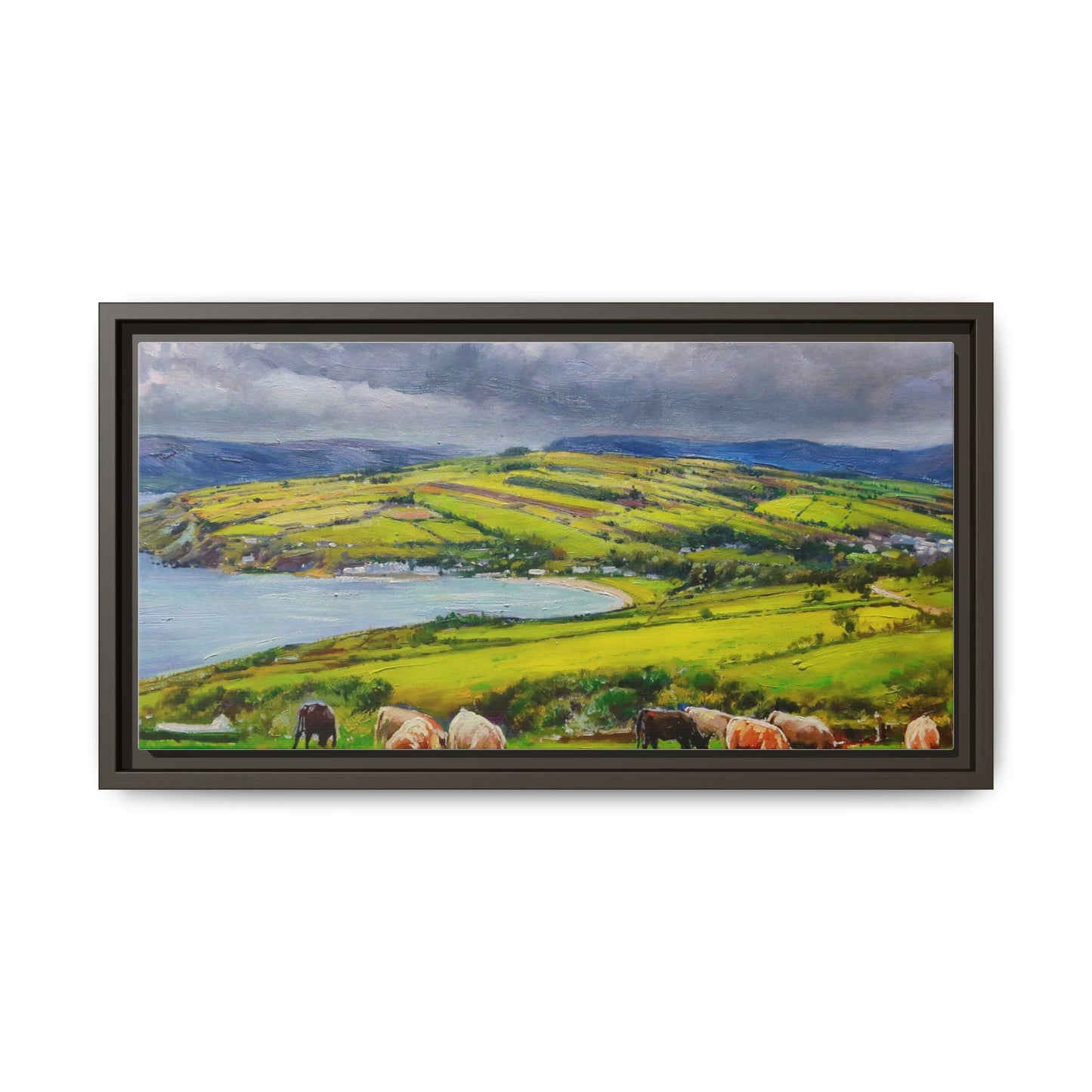 Cushendun Hills wall art showcasing rolling hills and scenic Irish landscapes, framed in high-quality materials for an elegant look.