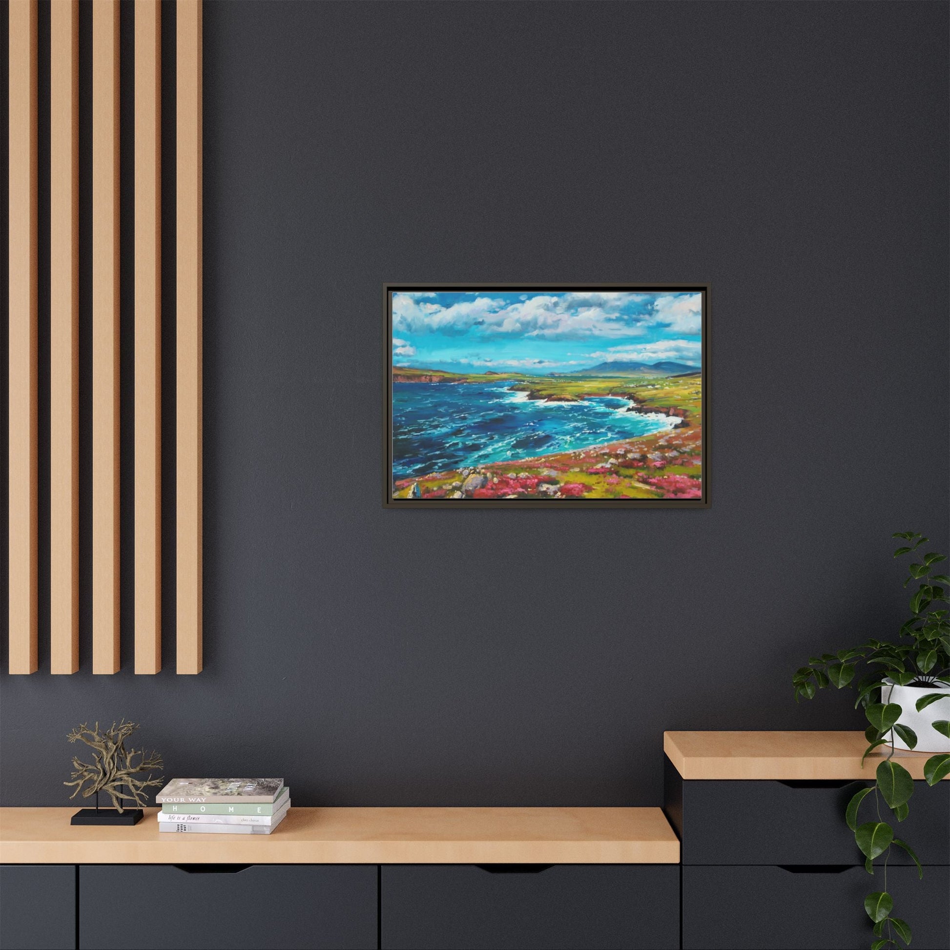 Dingle Peninsula wall art featuring a scenic view of Ireland's rugged coastline, printed on high-quality canvas with a premium frame.