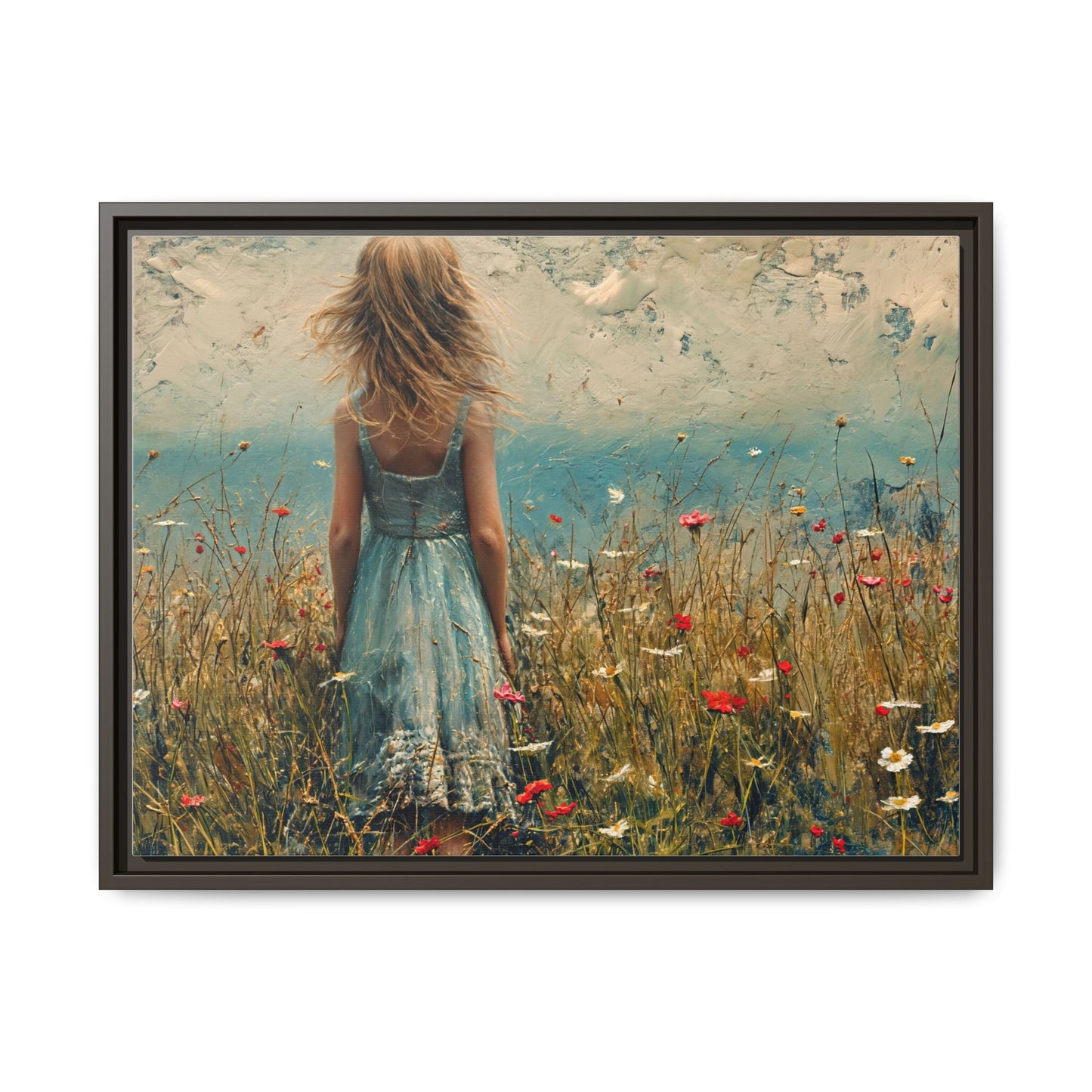 Young Girl Looking Out To Sea wall art, featuring a peaceful ocean view and a young girl in contemplation, printed on high-quality canvas for timeless décor.