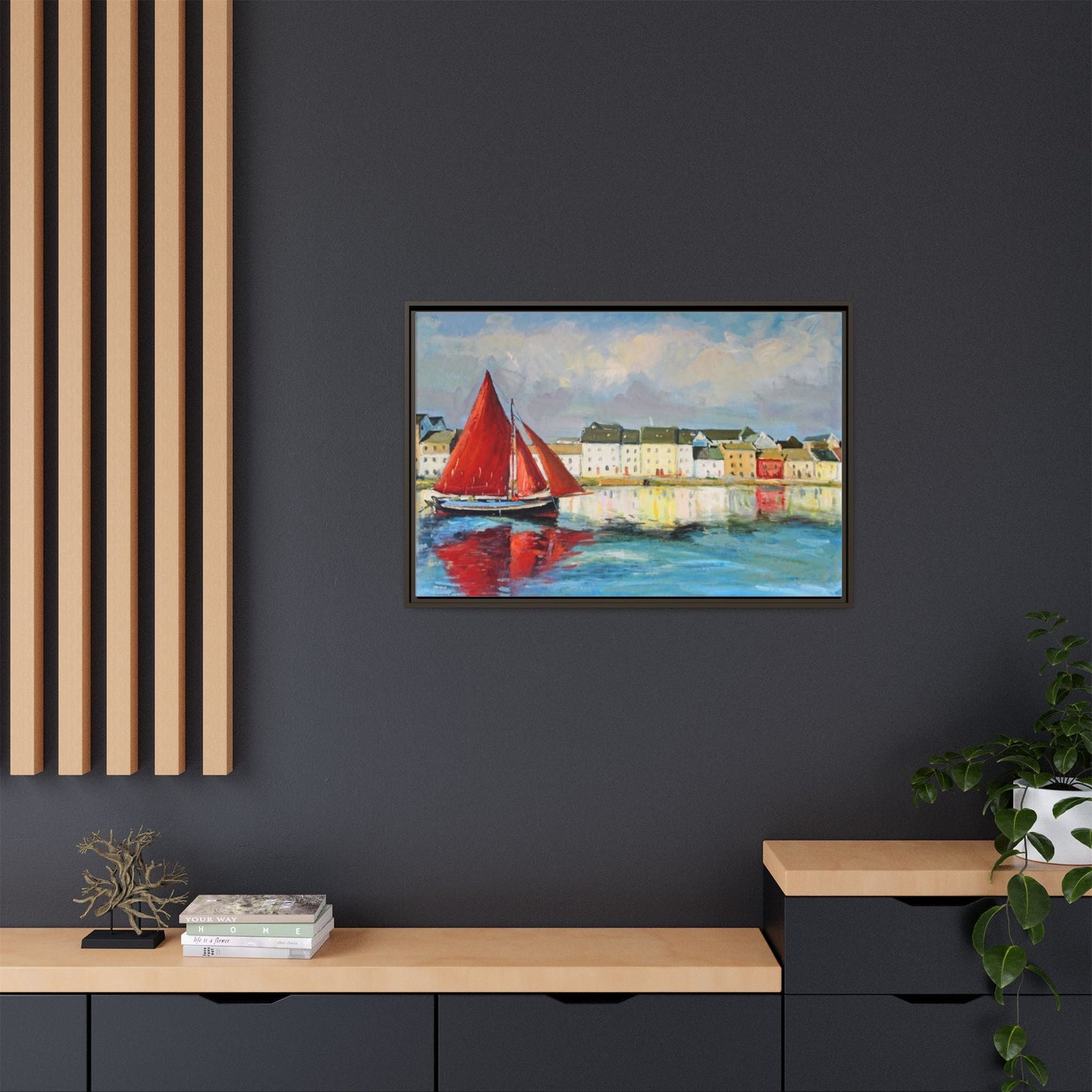 Galway Hooker Leaving Port wall art featuring a Galway Hooker boat sailing in a coastal scene, printed on high-quality canvas with a premium frame.