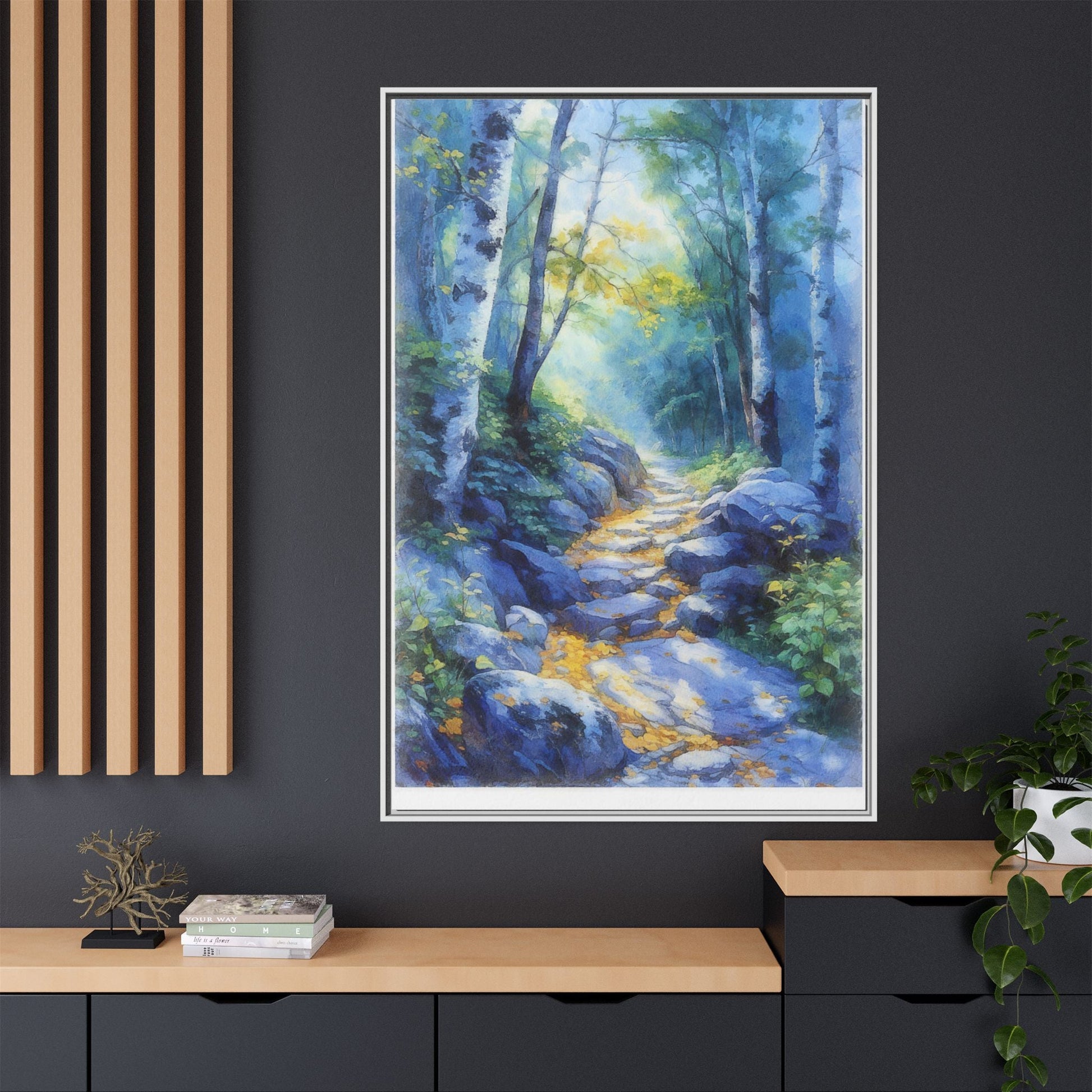 Blue Forest Path II wall art featuring a tranquil forest scene with a serene blue-toned path, printed on high-quality canvas for timeless décor.