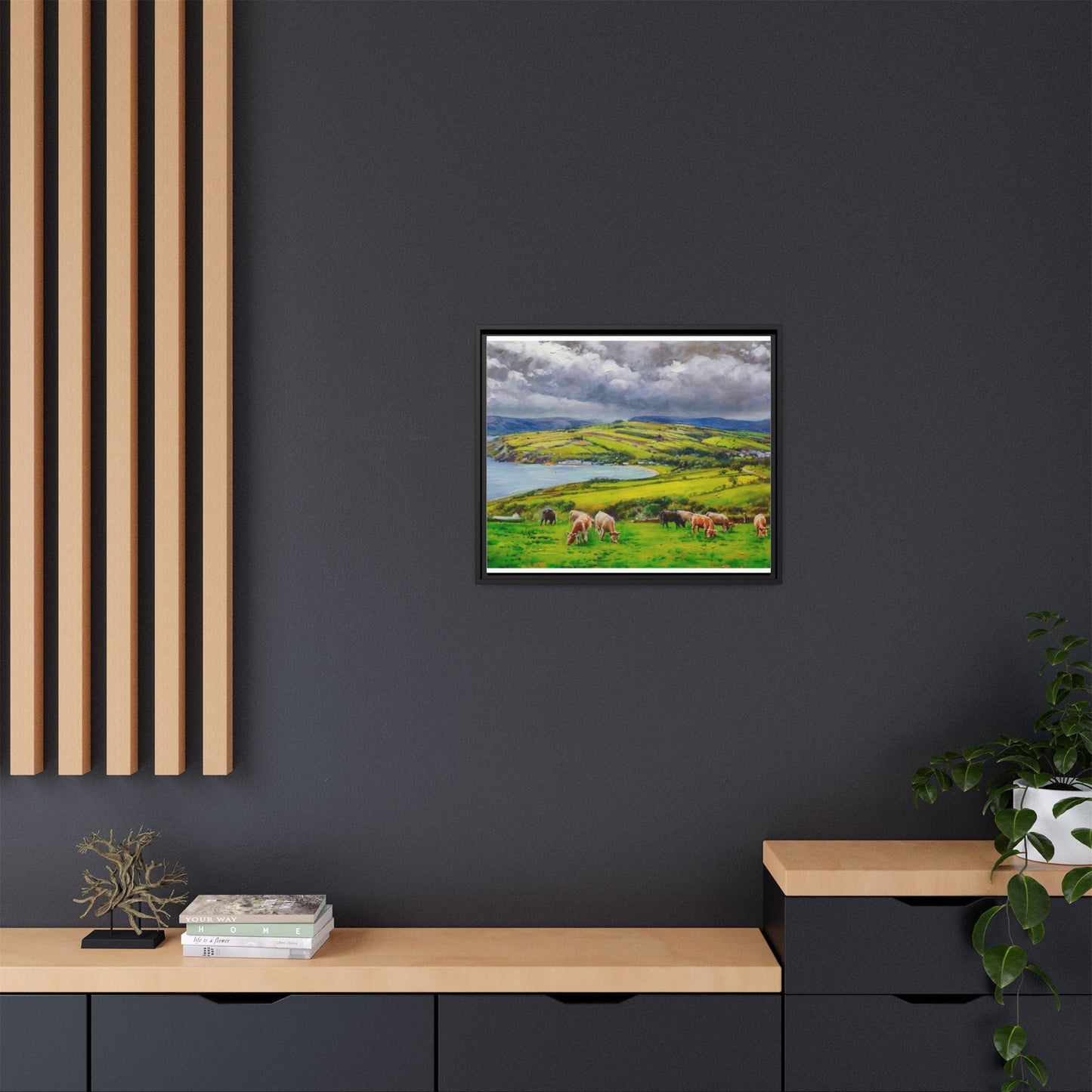 Cushendon Hills wall art showcasing rolling hills and scenic Irish landscapes, framed in high-quality materials for an elegant look.