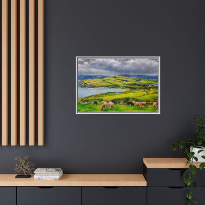 Cushendon Hills wall art showcasing rolling hills and scenic Irish landscapes, framed in high-quality materials for an elegant look.