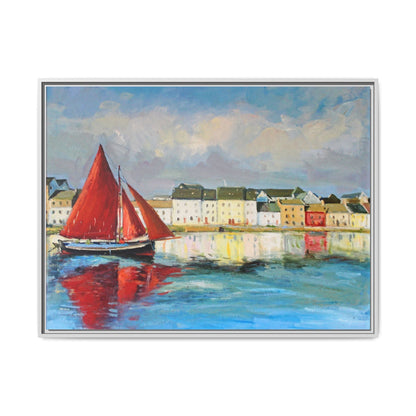 Galway Hooker Leaving Port wall art featuring a Galway Hooker boat sailing in a coastal scene, printed on high-quality canvas with a premium frame.