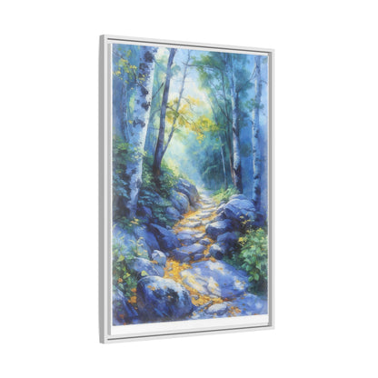 Blue Forest Path II wall art featuring a tranquil forest scene with a serene blue-toned path, printed on high-quality canvas for timeless décor.