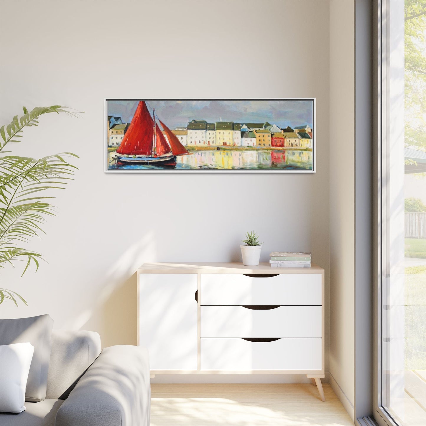 Galway Hooker Leaving Port wall art featuring a Galway Hooker boat sailing in a coastal scene, printed on high-quality canvas with a premium frame.