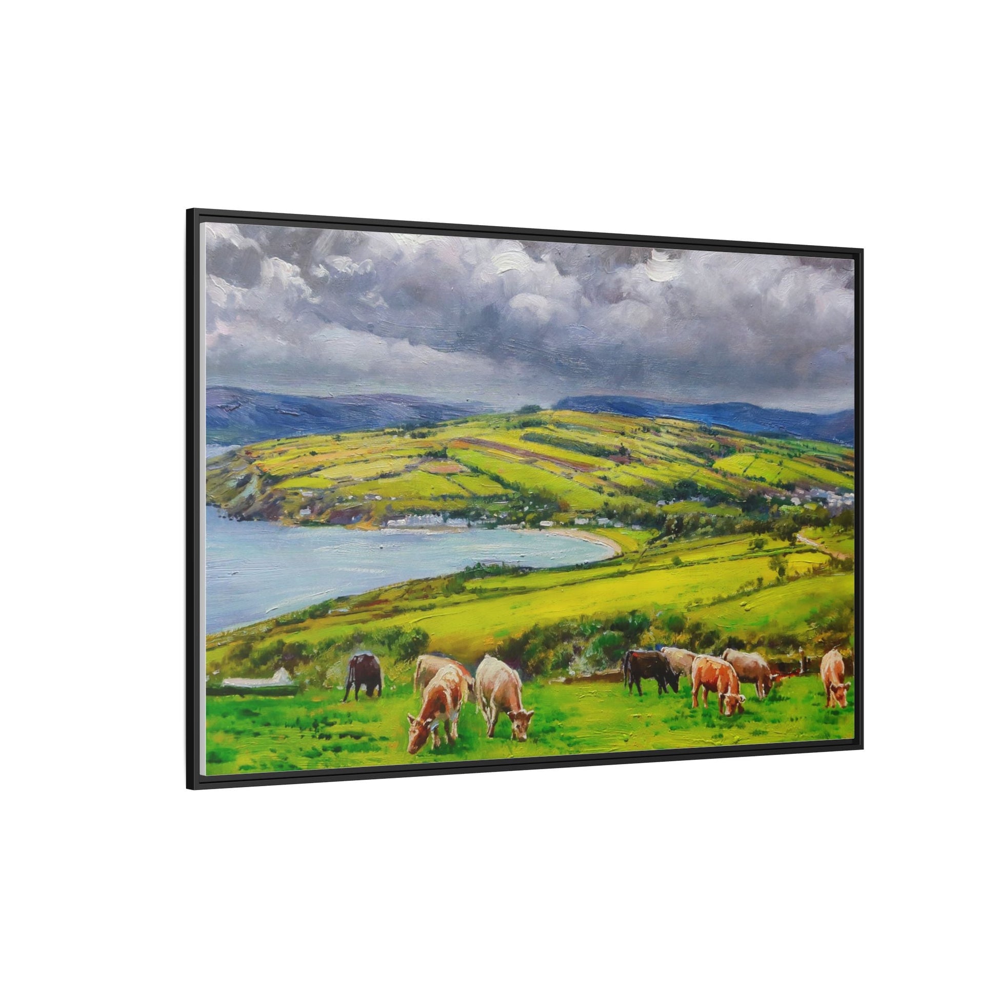 Cushendon Hills wall art showcasing rolling hills and scenic Irish landscapes, framed in high-quality materials for an elegant look.