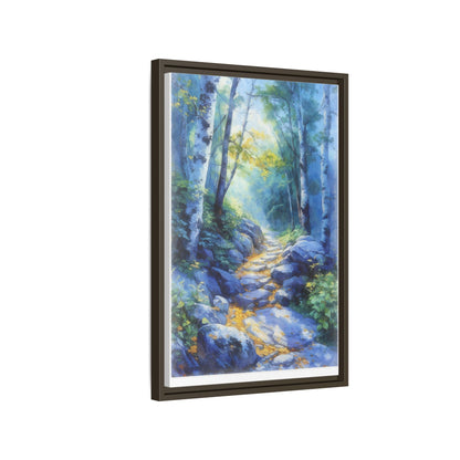 Blue Forest Path II wall art featuring a tranquil forest scene with a serene blue-toned path, printed on high-quality canvas for timeless décor.