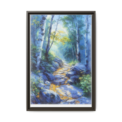 Blue Forest Path II wall art featuring a tranquil forest scene with a serene blue-toned path, printed on high-quality canvas for timeless décor.