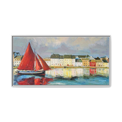 Galway Hooker Leaving Port wall art featuring a Galway Hooker boat sailing in a coastal scene, printed on high-quality canvas with a premium frame.