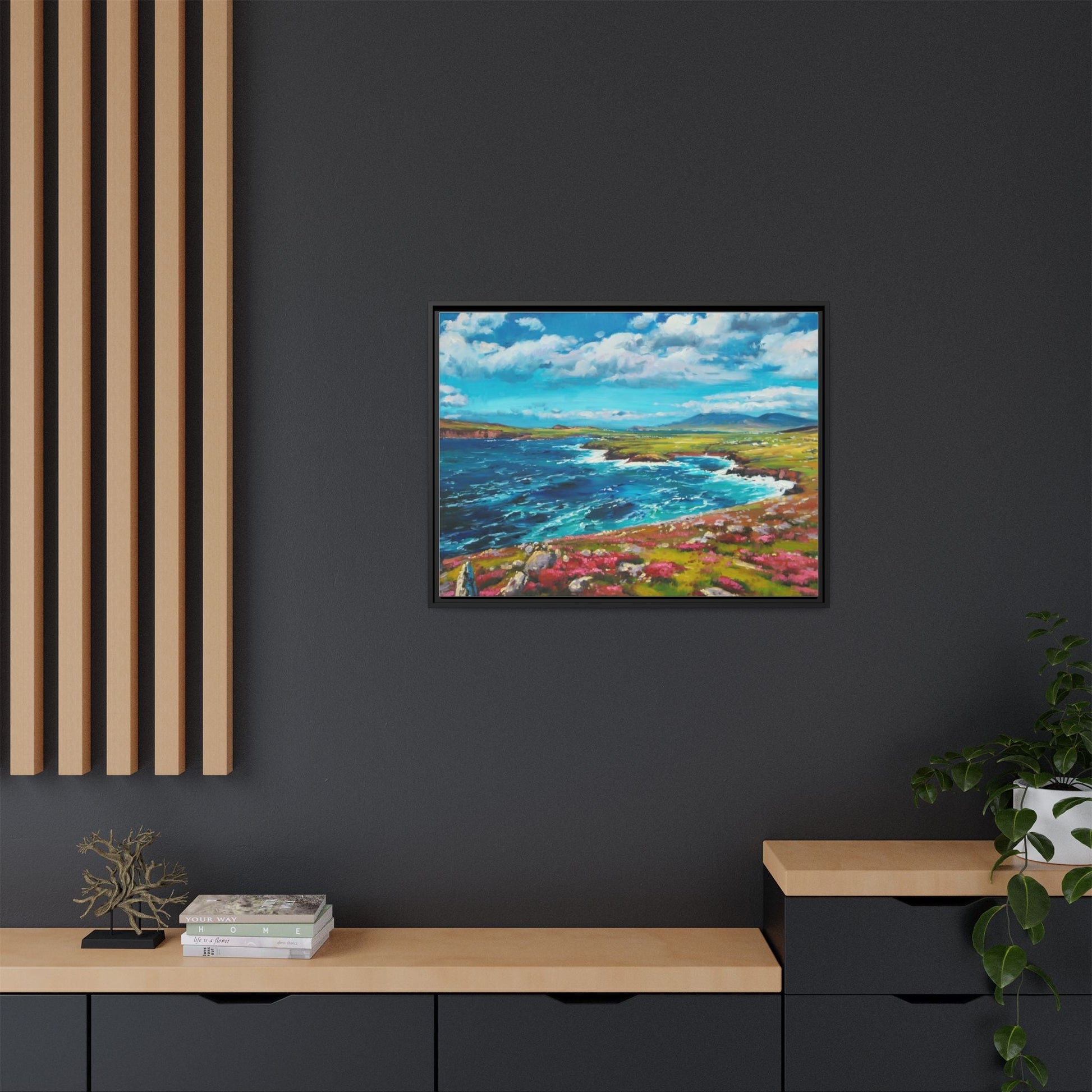 Dingle Peninsula wall art featuring a scenic view of Ireland's rugged coastline, printed on high-quality canvas with a premium frame.