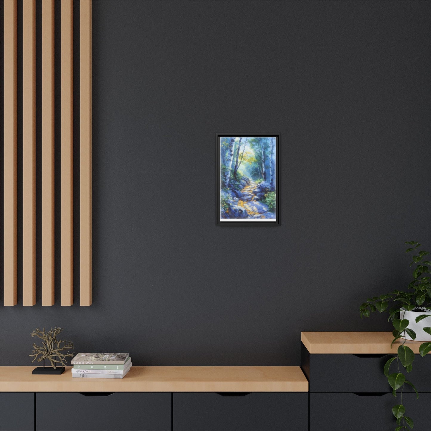 Blue Forest Path II wall art featuring a tranquil forest scene with a serene blue-toned path, printed on high-quality canvas for timeless décor.